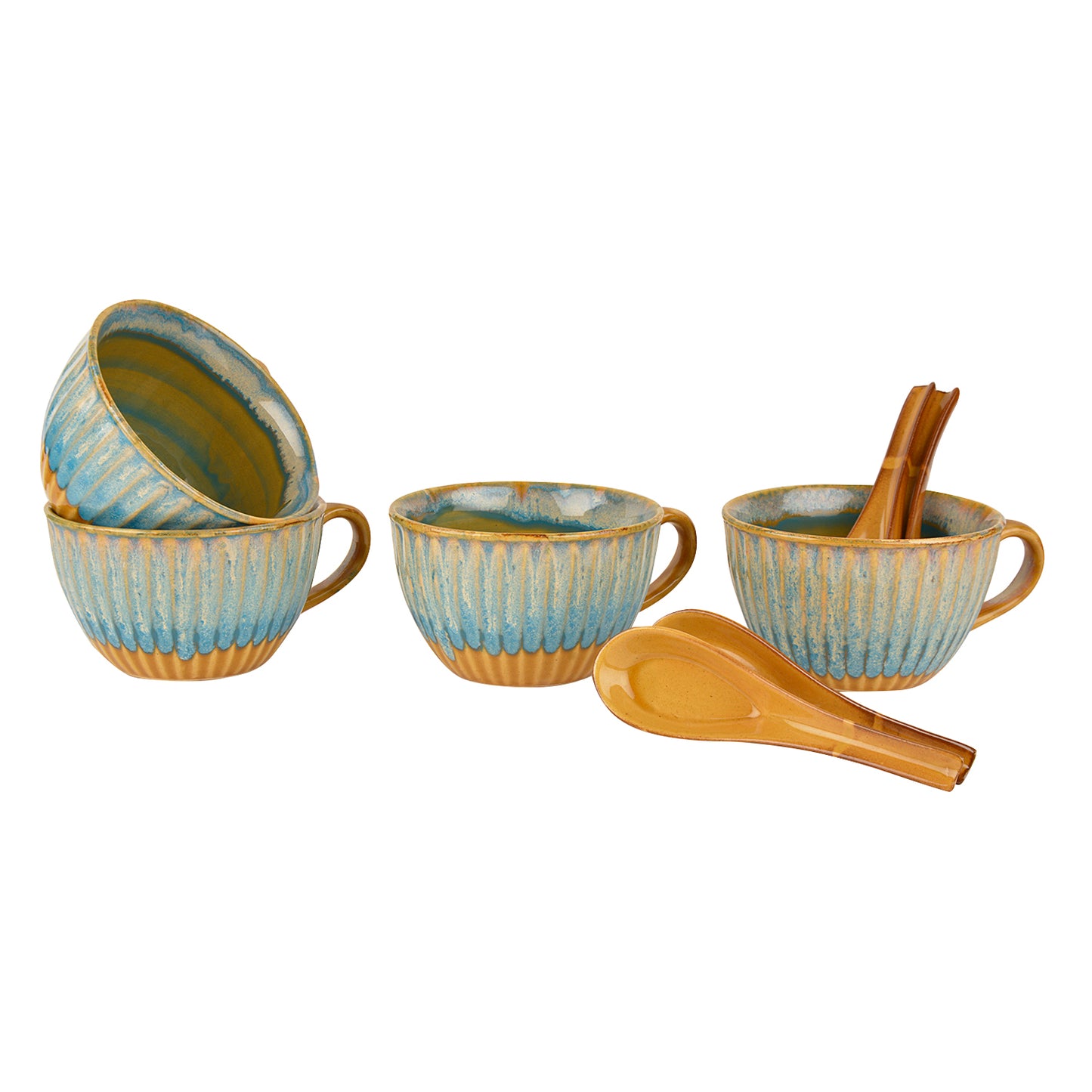 Studio Pottery Hand Glazed Dual Tone Ceramic Soup Cup with Spoon (300 ml each, Set of 4, Teal and Sand yellow ) - View 3
