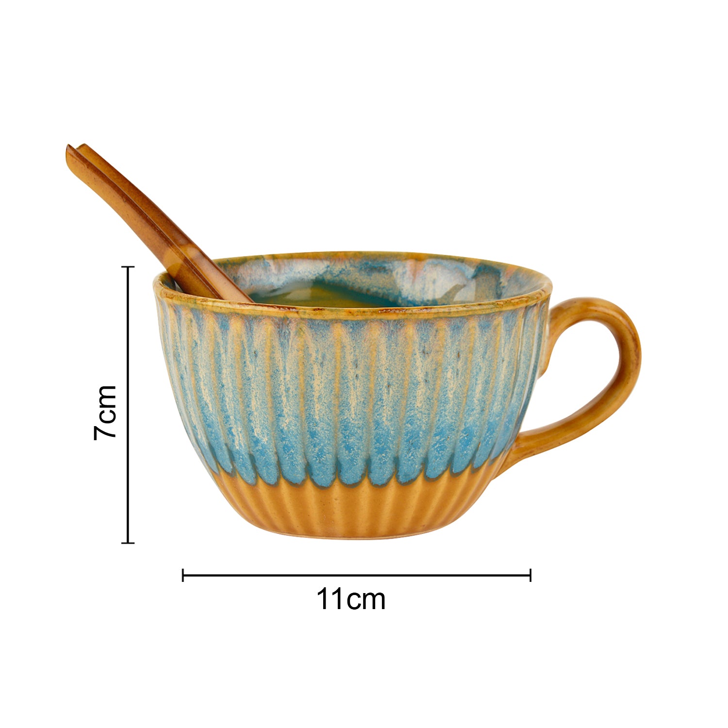 Studio Pottery Hand Glazed Dual Tone Ceramic Soup Cup with Spoon (300 ml each, Set of 4, Teal and Sand yellow ) - View 4