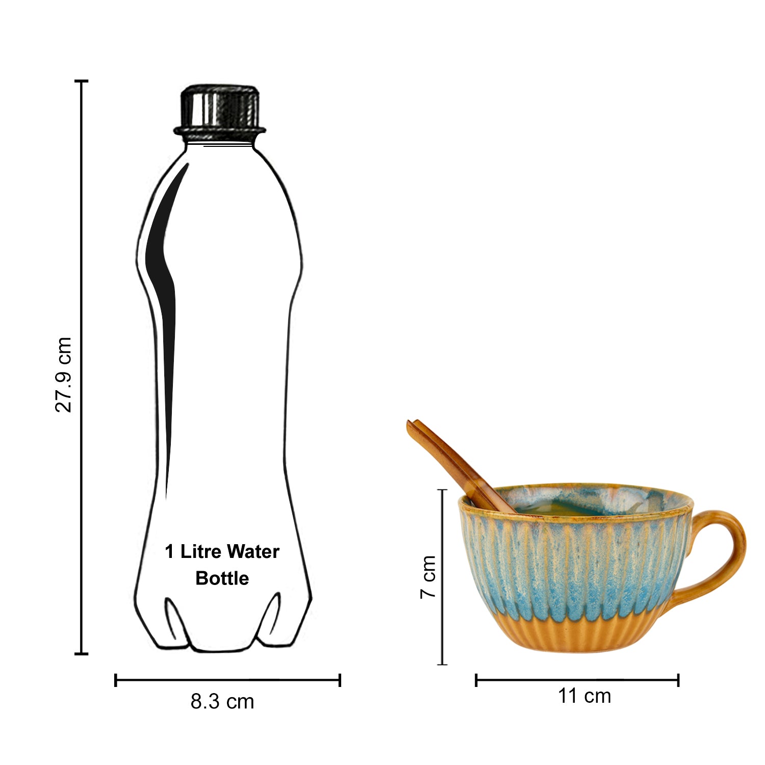 Studio Pottery Hand Glazed Dual Tone Ceramic Soup Cup with Spoon (300 ml each, Set of 4, Teal and Sand yellow ) - View 5