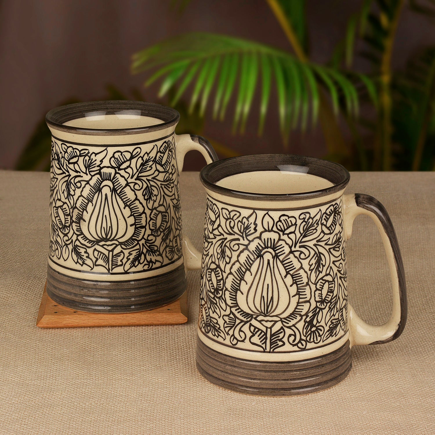 Handpainted Ceramic Beer Mugs (500 ml each, Set of 2, Amy Green)