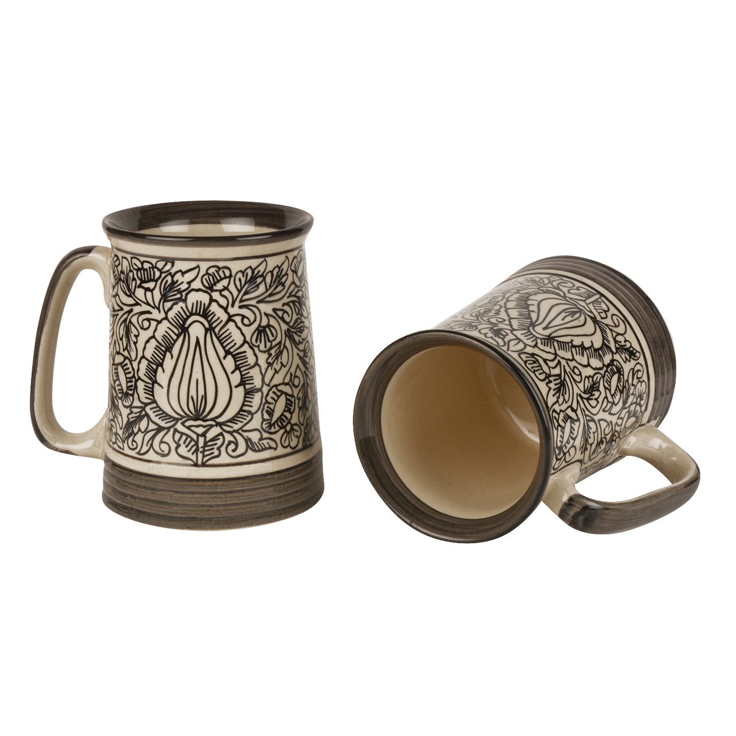 Handpainted Ceramic Beer Mugs (500 ml each, Set of 2, Amy Green) - View 3