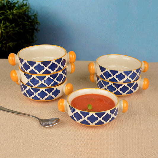 Ceramic Hand Painted Mughal Design Soup Bowls with Handle (300 ml, Set of 6, Blue and Yellow)
