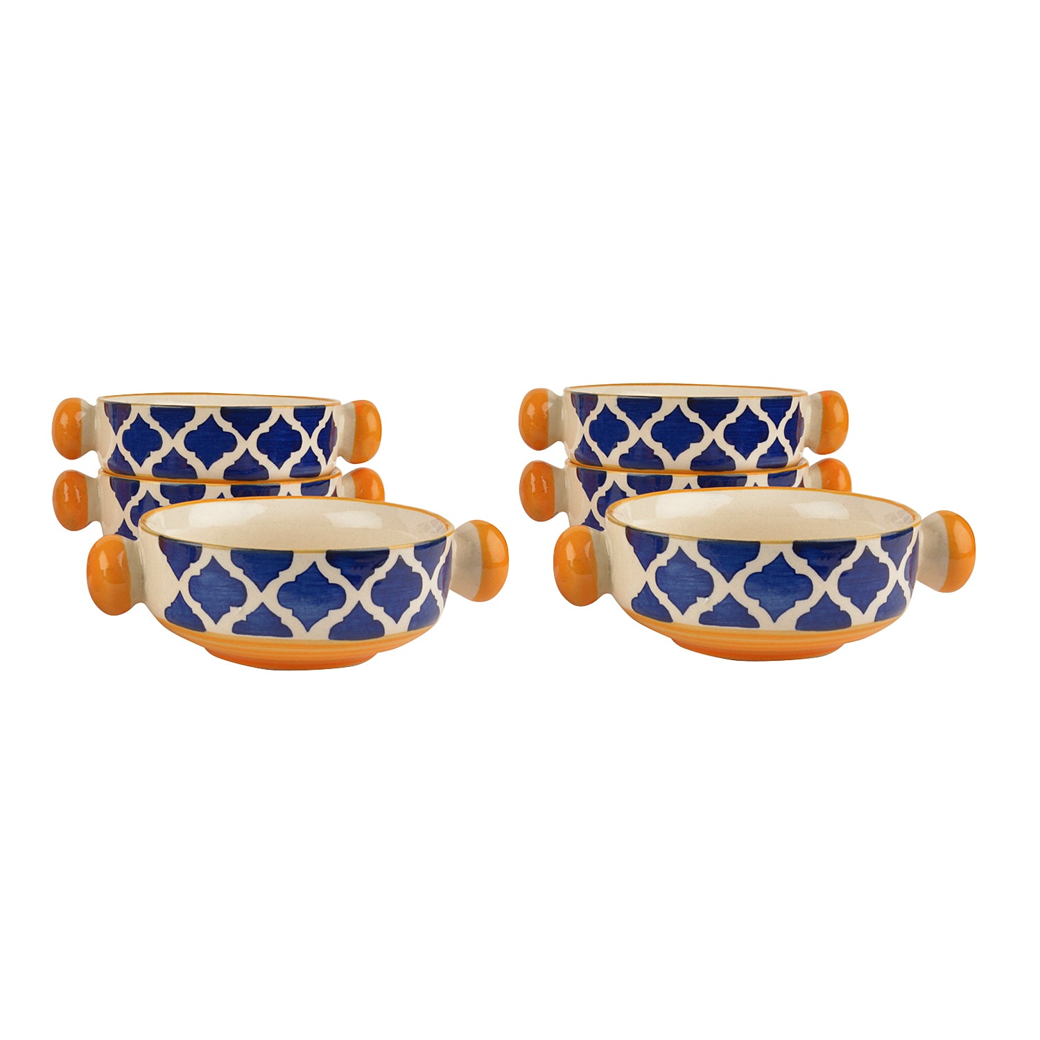 Ceramic Hand Painted Mughal Design Soup Bowls with Handle (300 ml, Set of 6, Blue and Yellow) - View 4