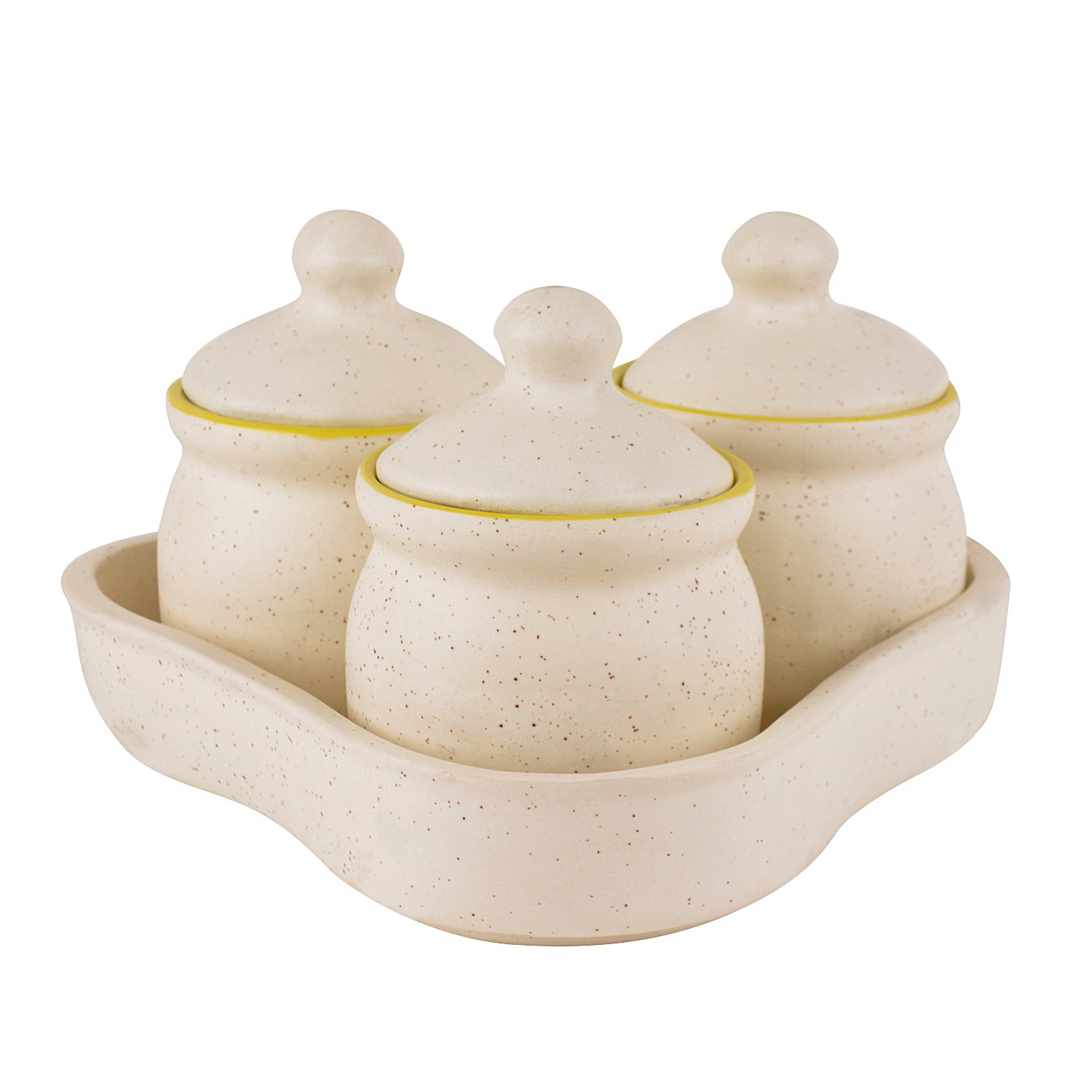 Ceramic White Matt Pickle Serving Jar Set with Tray (Set of 3, White and Green) - View 2