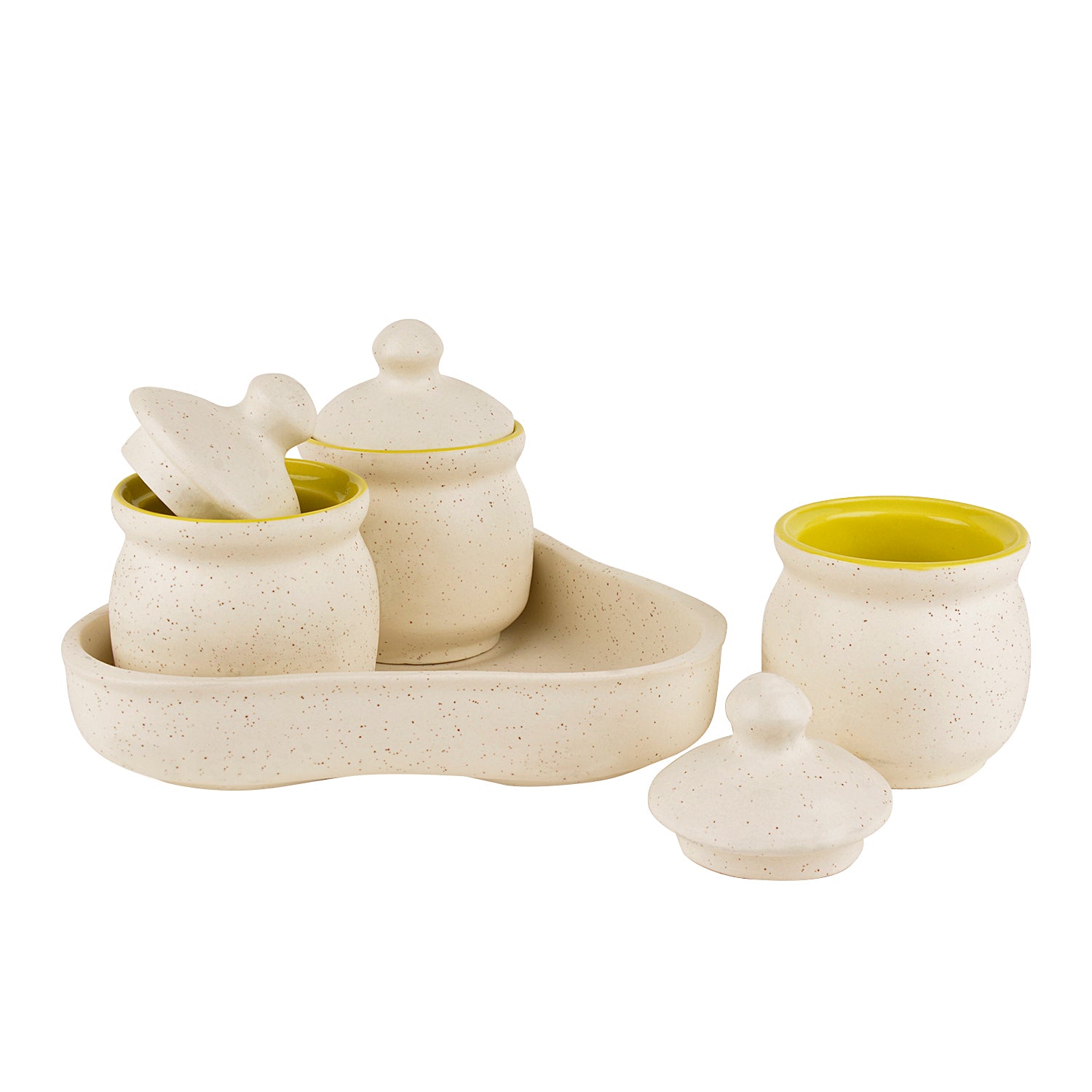 Ceramic White Matt Pickle Serving Jar Set with Tray (Set of 3, White and Green) - View 3