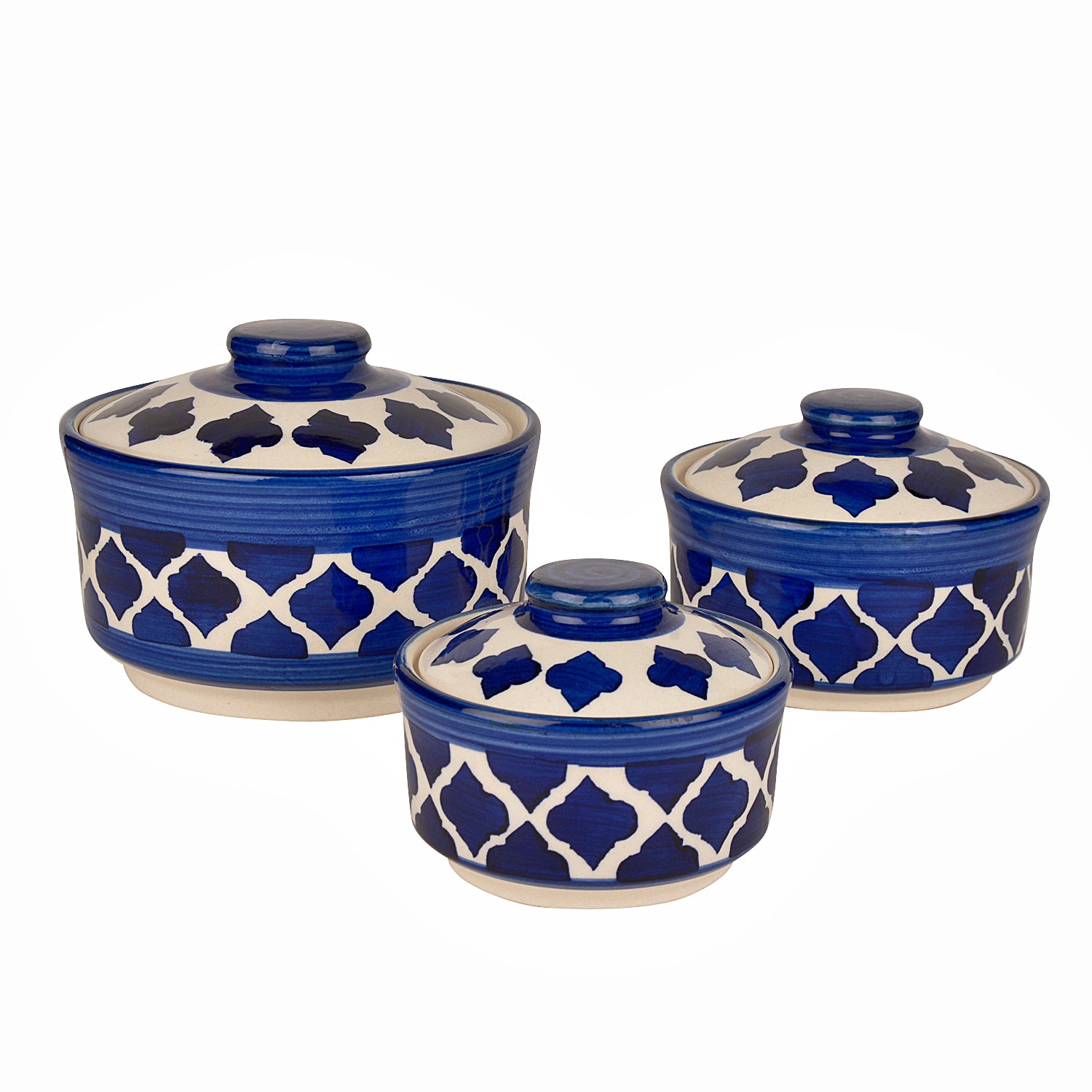 Studio Pottery Handpainted Ceramic Serving Donga with Lid Casserole Set (Set of 3, Blue) - View 3