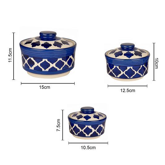 Studio Pottery Handpainted Ceramic Serving Donga with Lid Casserole Set (Set of 3, Blue) - View 2