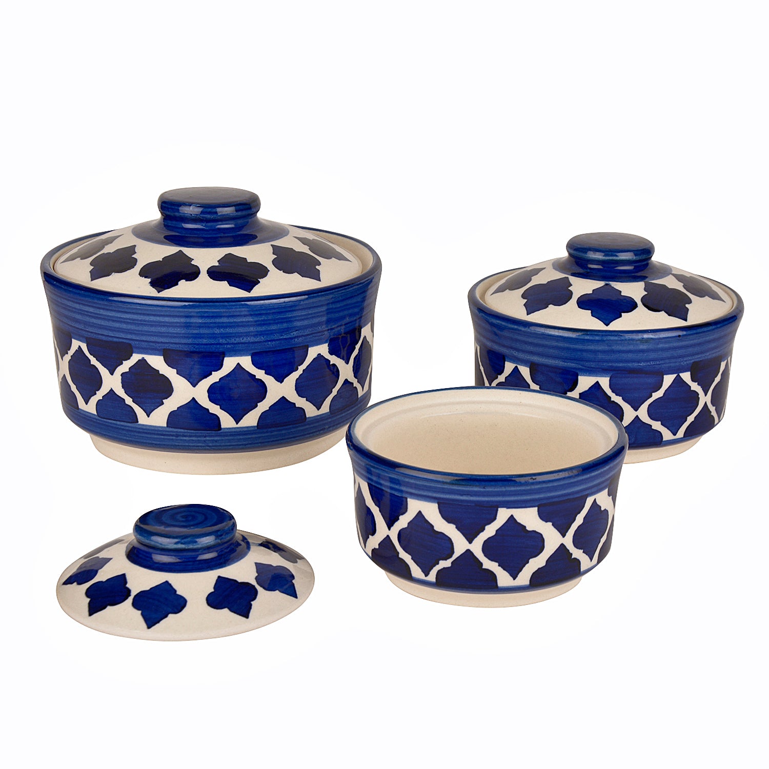 Studio Pottery Handpainted Ceramic Serving Donga with Lid Casserole Set (Set of 3, Blue) - View 4
