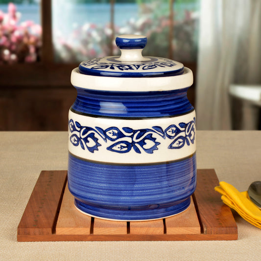 Handpainted Ceramic Round Jar (Burni) with Lid (1200 ml, Blue)