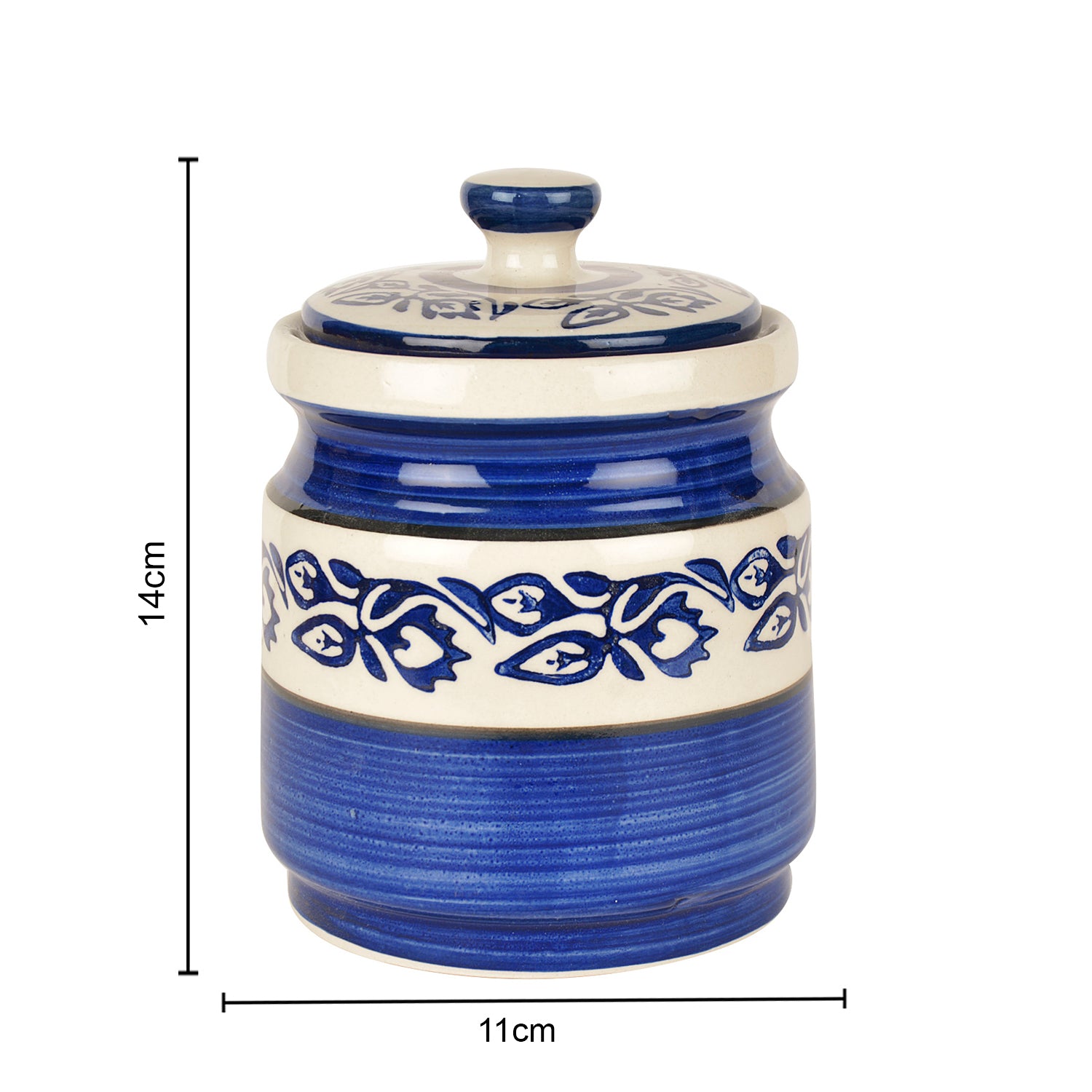Handpainted Ceramic Round Jar (Burni) with Lid (1200 ml, Blue) - View 2