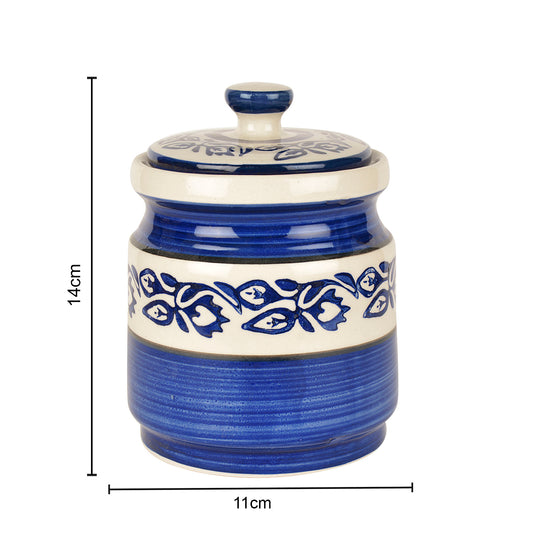Handpainted Ceramic Round Jar (Burni) with Lid (1200 ml, Blue) - View 2