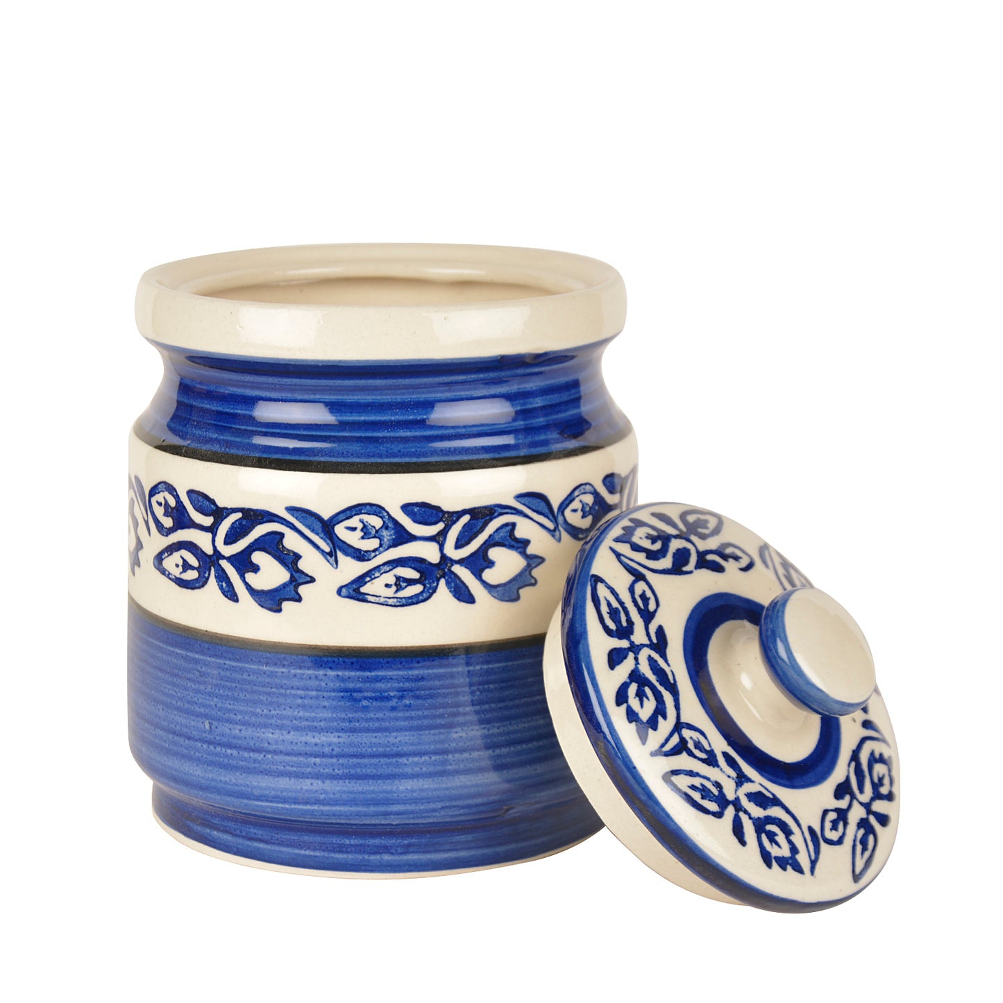 Handpainted Ceramic Round Jar (Burni) with Lid (1200 ml, Blue) - View 3