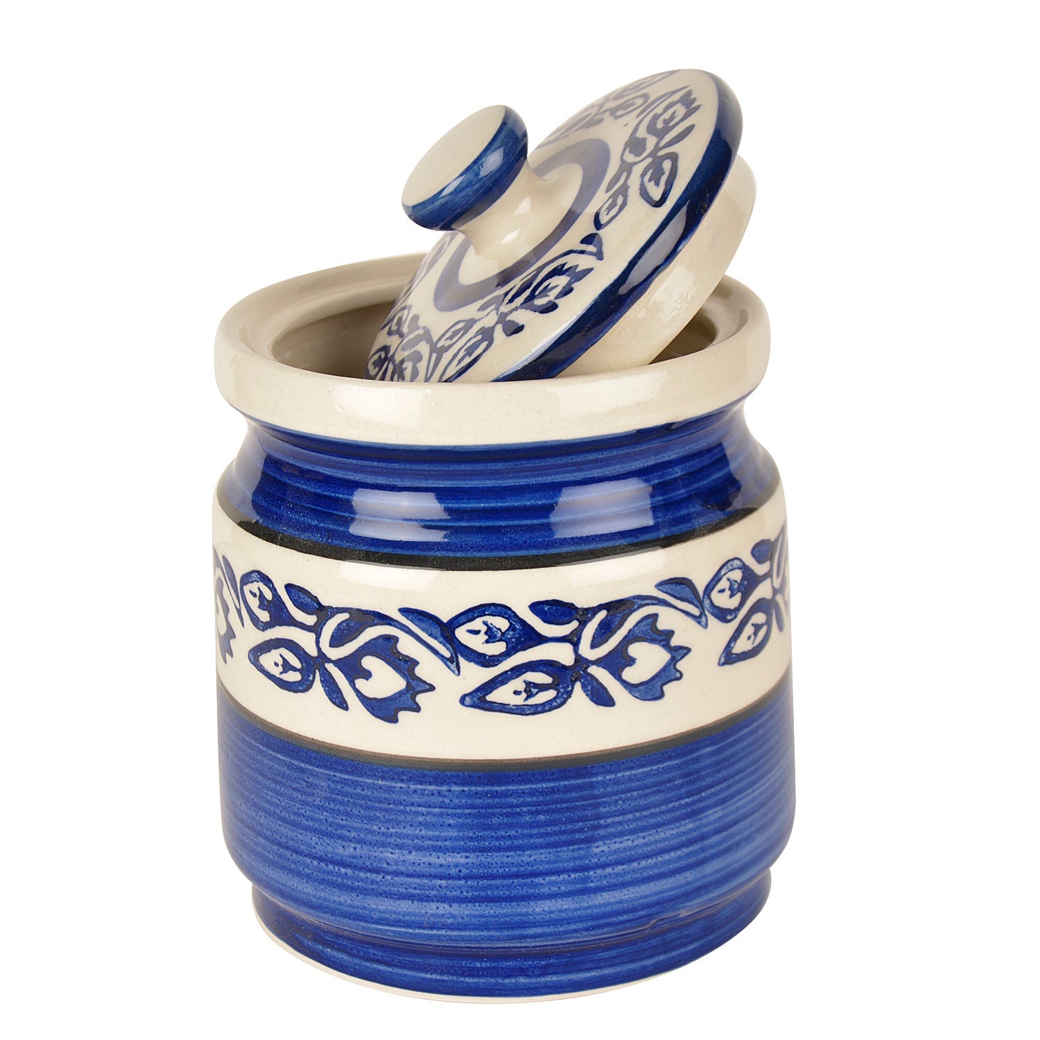 Handpainted Ceramic Round Jar (Burni) with Lid (1200 ml, Blue) - View 4