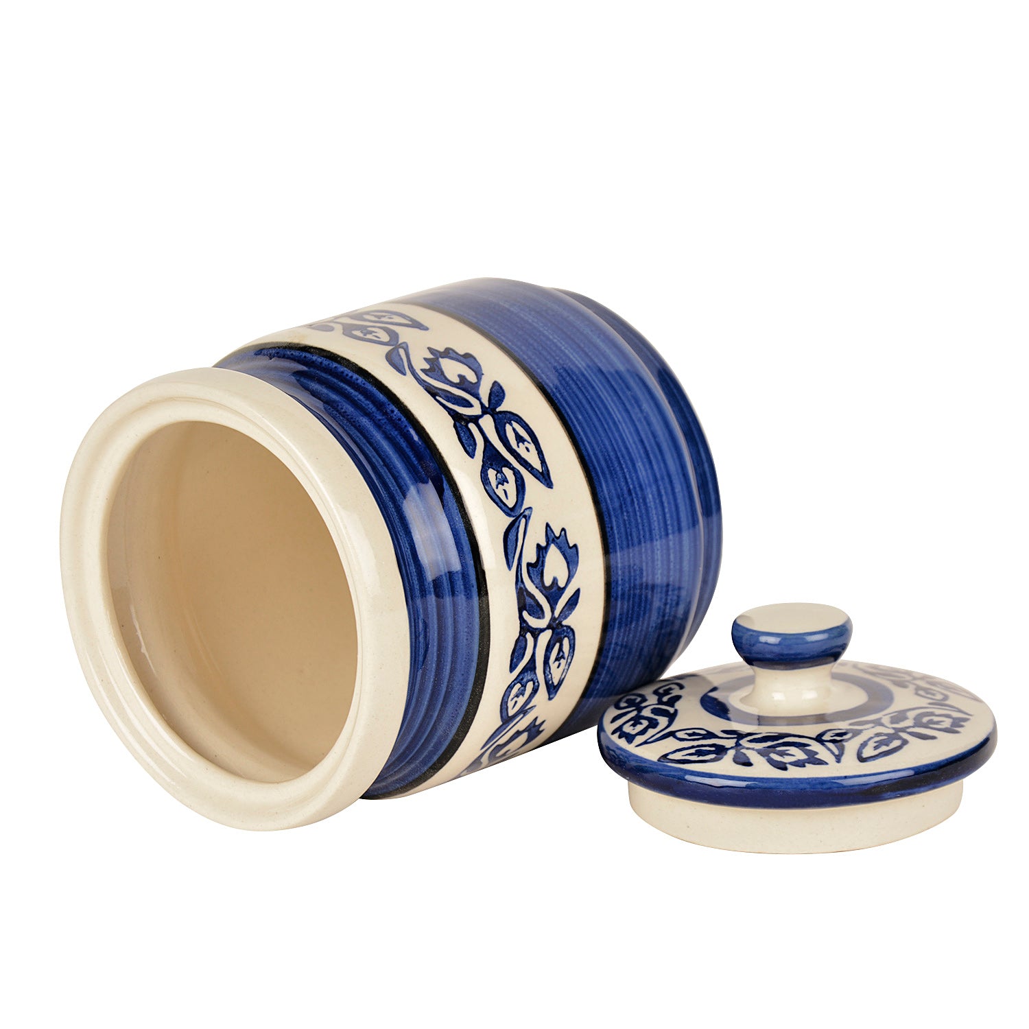 Handpainted Ceramic Round Jar (Burni) with Lid (1200 ml, Blue) - View 5