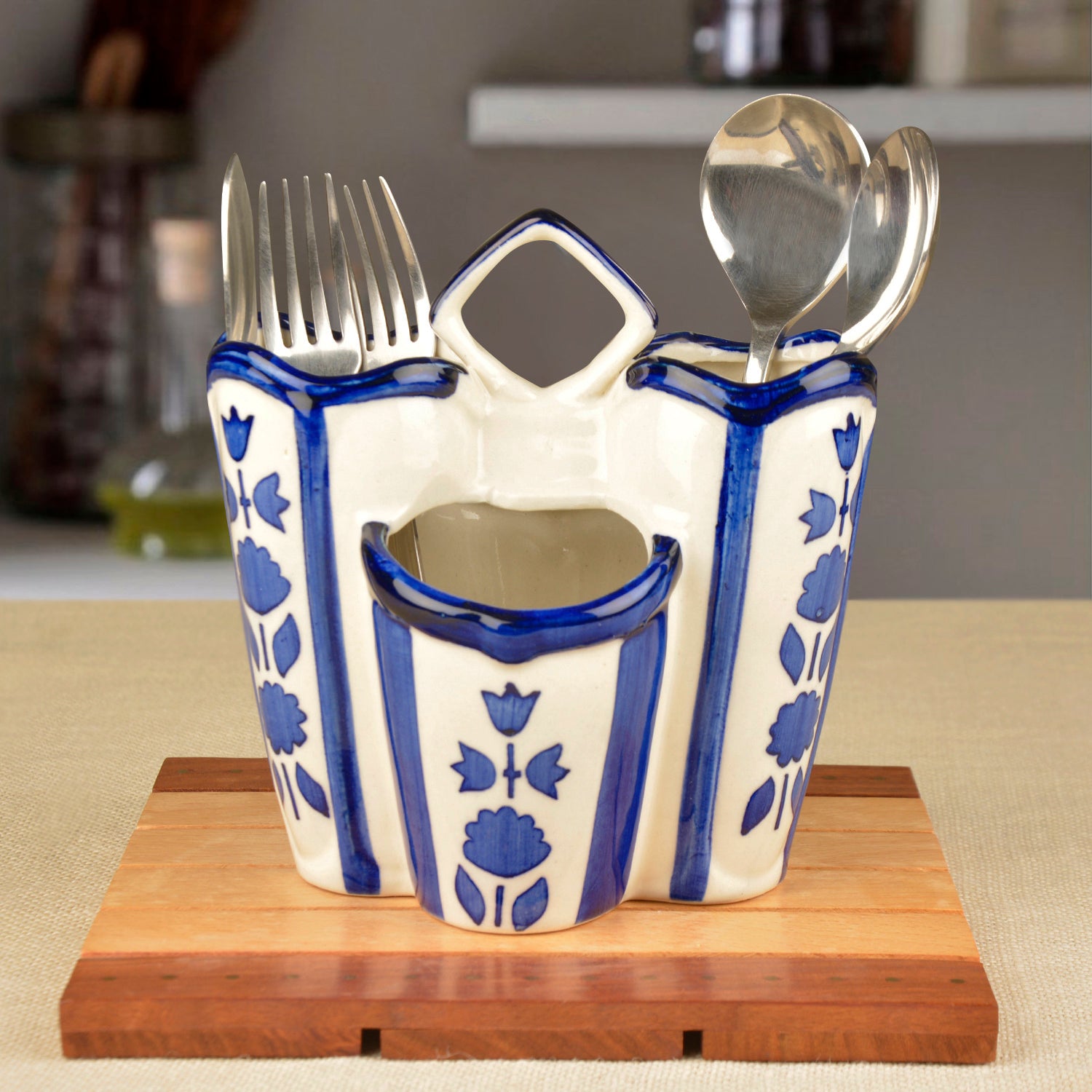 Handpainted Ceramic Kitchen Cutlery Stand (Blue and White)