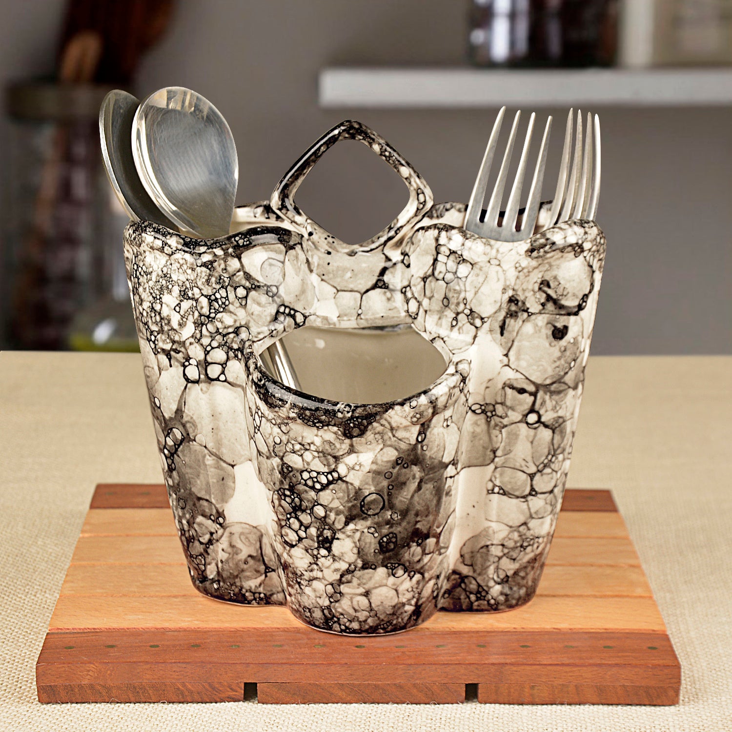 Handpainted Ceramic Kitchen Cutlery Stand (Grey Lustre)
