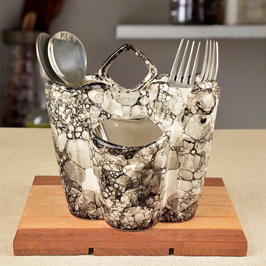 Handpainted Ceramic Kitchen Cutlery Stand (Grey Lustre)
