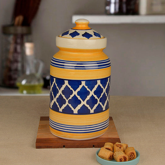 Handpainted Ceramic Jar (Burni) Set with Lid (3000 ml, Blue and Yellow)