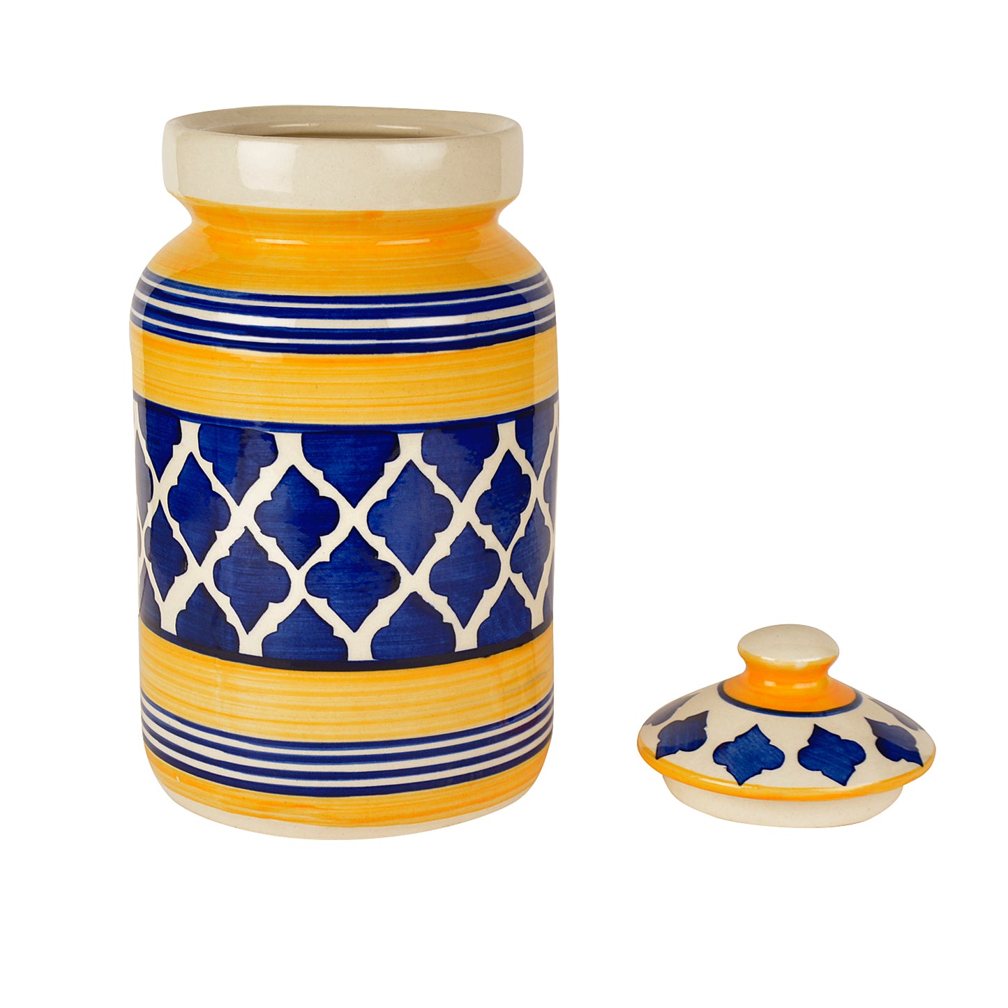 Handpainted Ceramic Jar (Burni) Set with Lid (3000 ml, Blue and Yellow) - View 3