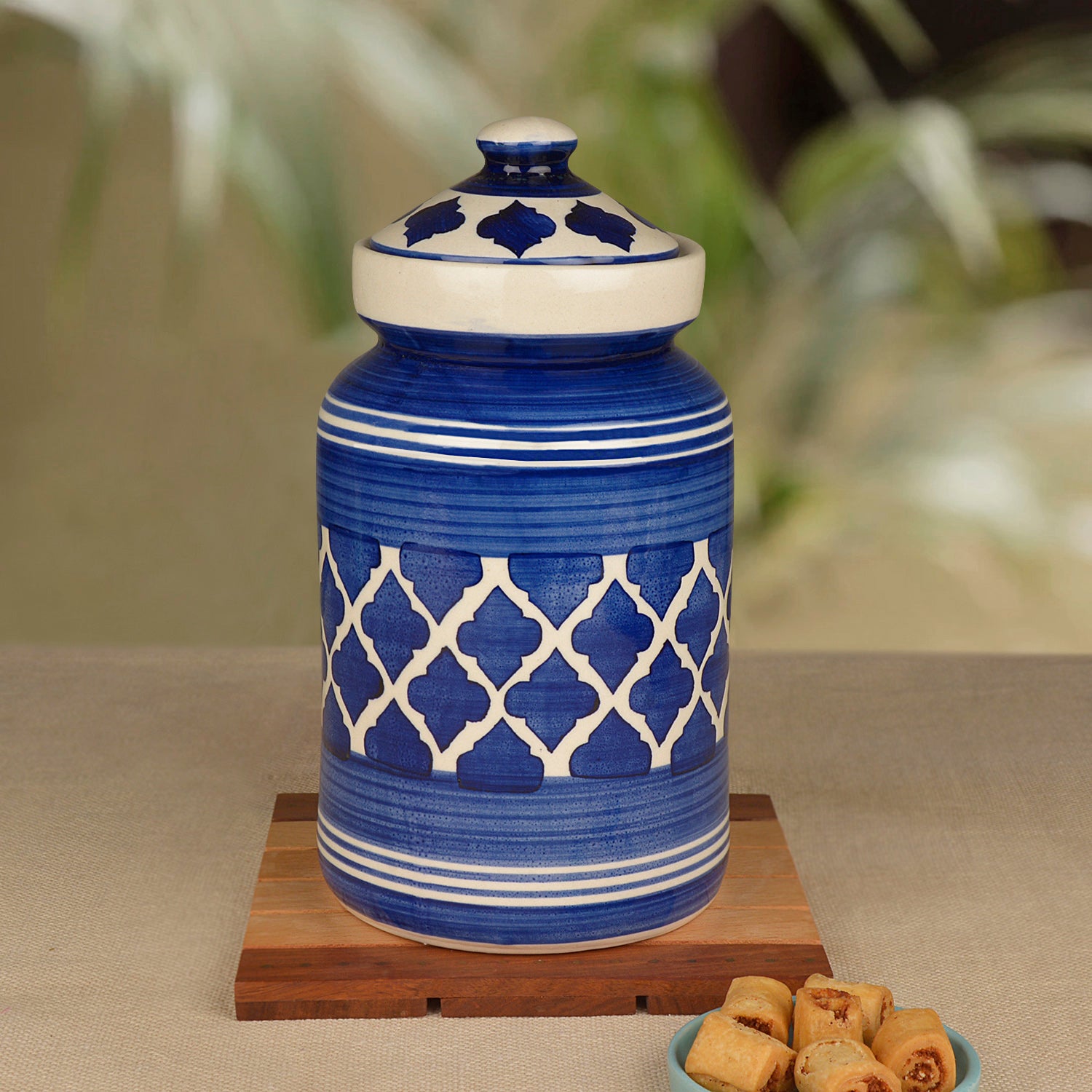 Handpainted Ceramic Jar (Burni) Set with Lid (3000 ml, Blue)