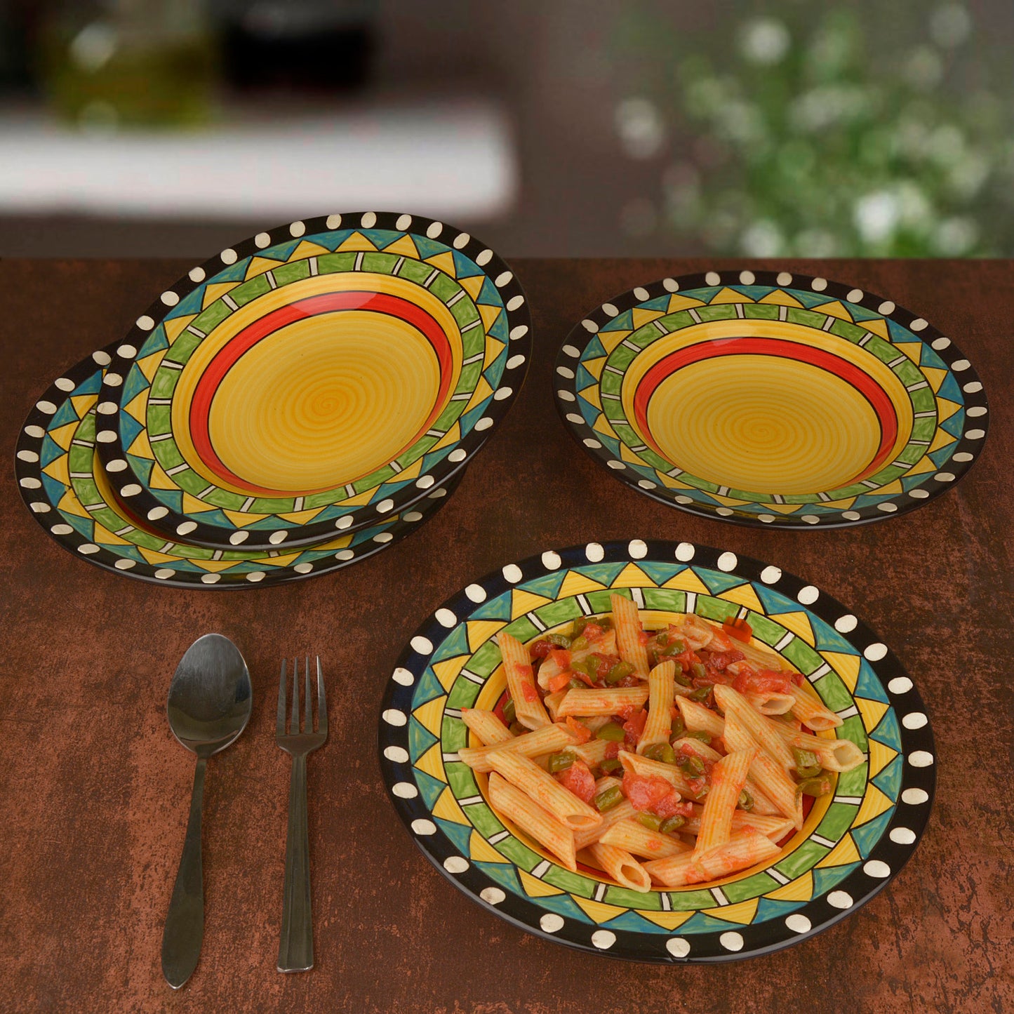 “the raindbow” Hand Painted Ceramic Pasta Plate ( 9 inches , Set of 4 , Multicolor )