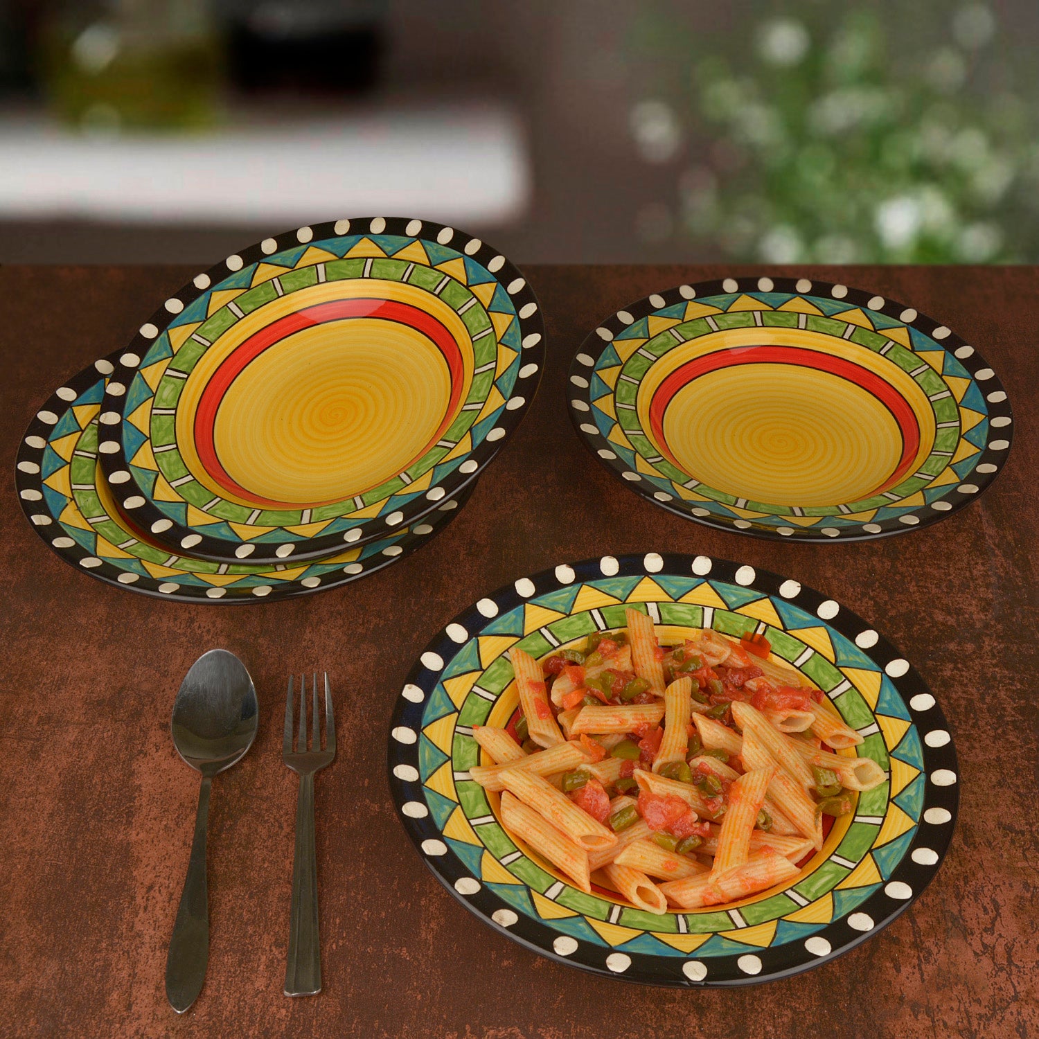 “the raindbow” Hand Painted Ceramic Pasta Plate ( 9 inches , Set of 4 , Multicolor )