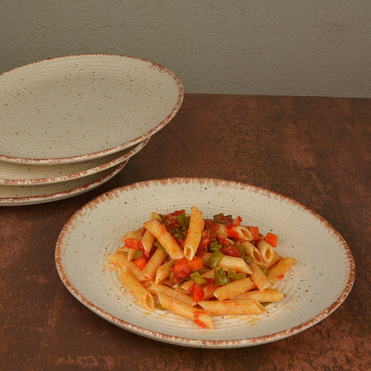 Hand Glazed Ceramic Dinner Serving Plates ( 10 inches , Set of 4 , Off White , Brown )