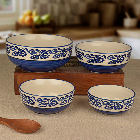 Studio Pottery Handpainted Dinner Serving Bowl Set (Set of 4 , Blue)