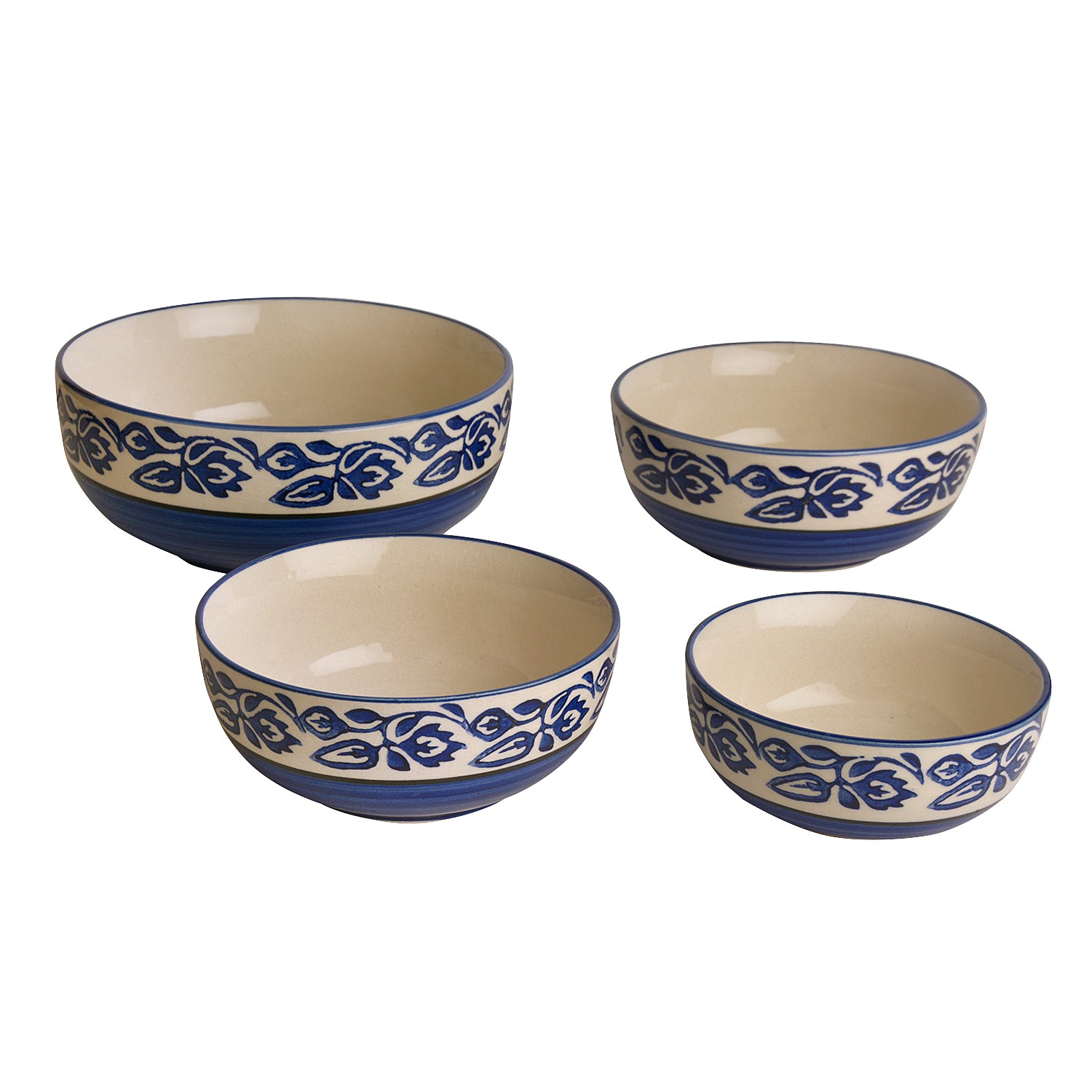 Studio Pottery Handpainted Dinner Serving Bowl Set (Set of 4 , Blue) - View 4