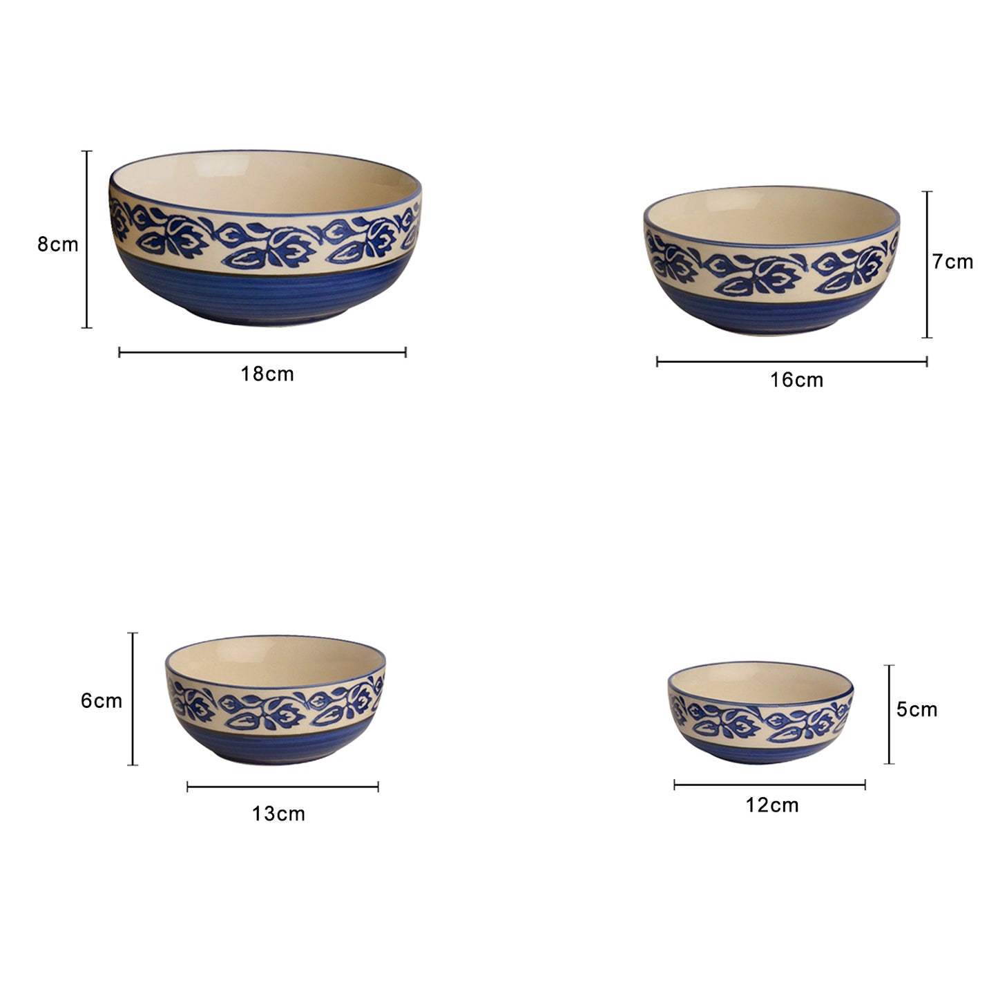 Studio Pottery Handpainted Dinner Serving Bowl Set (Set of 4 , Blue) - View 3