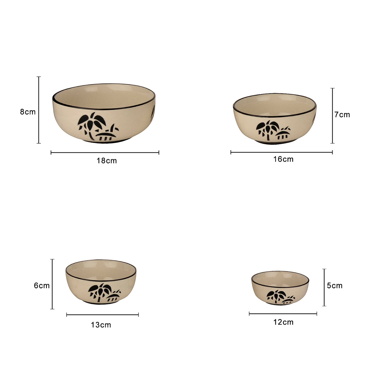 Studio Pottery Handpainted Dinner Serving Bowl Set (Set of 4 , Black Motif) - View 2