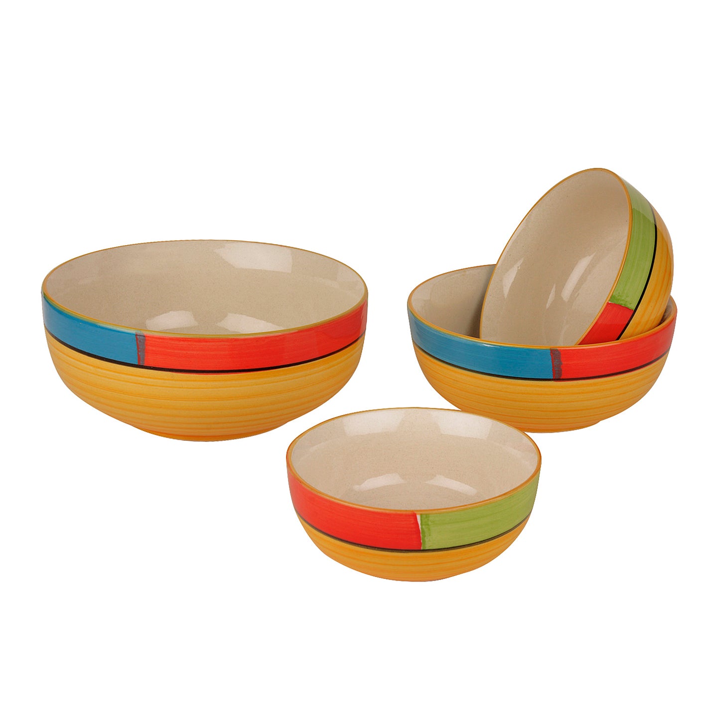 Studio Pottery Handpainted Dinner Serving Bowl Set (Set of 4 , Orange, Green , Yellow) - View 3