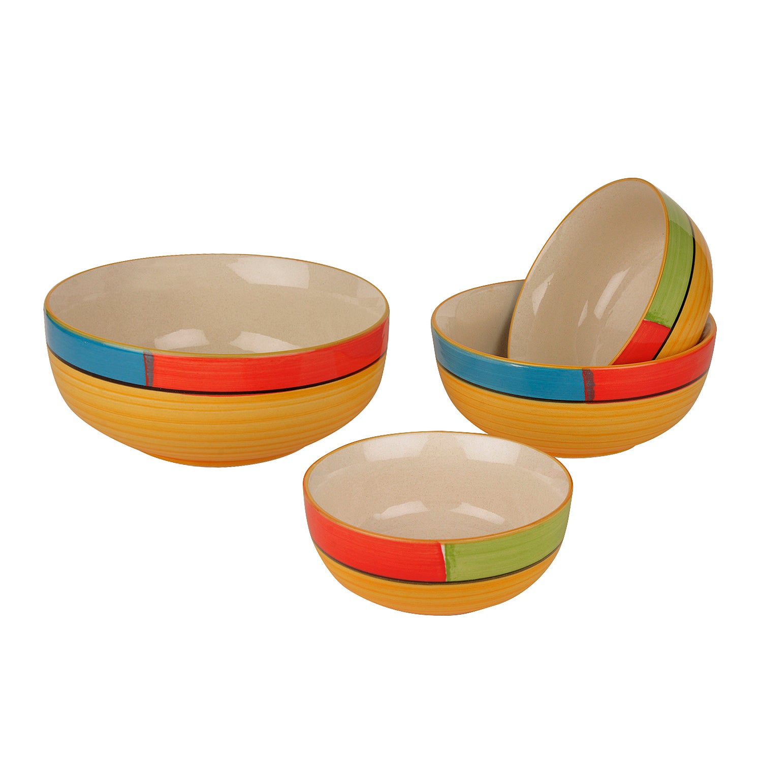 Studio Pottery Handpainted Dinner Serving Bowl Set (Set of 4 , Orange, Green , Yellow) - View 3