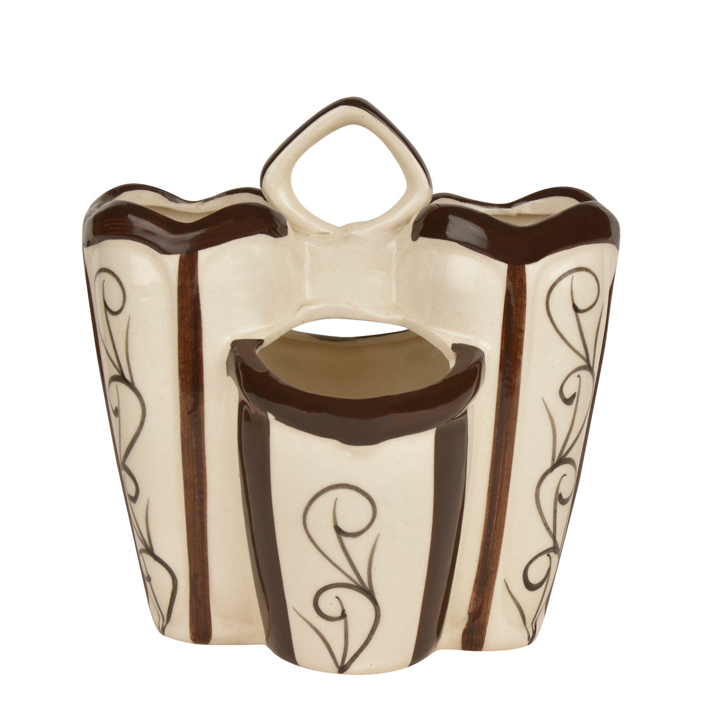 Handpainted Ceramic Kitchen Cutlery Stand (Brown and White) - View 3