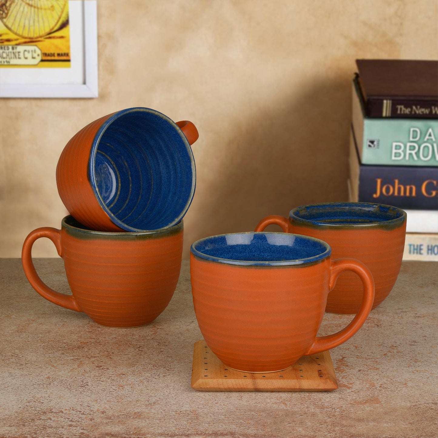 Handcrafted Ceramic Soup Bowls with Handle (350 ml Each, Set of 4, Terracotta)
