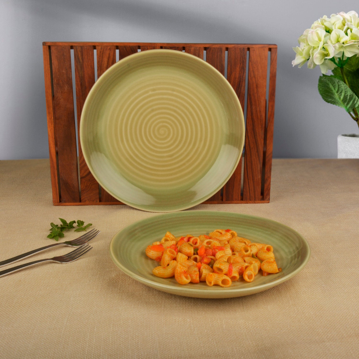"Sage Green Collection" Studio Pottery Handcrafted Ceramic Dinner Plates (Set of 2, Sage Green, Diameter - 24 cm) - View 3
