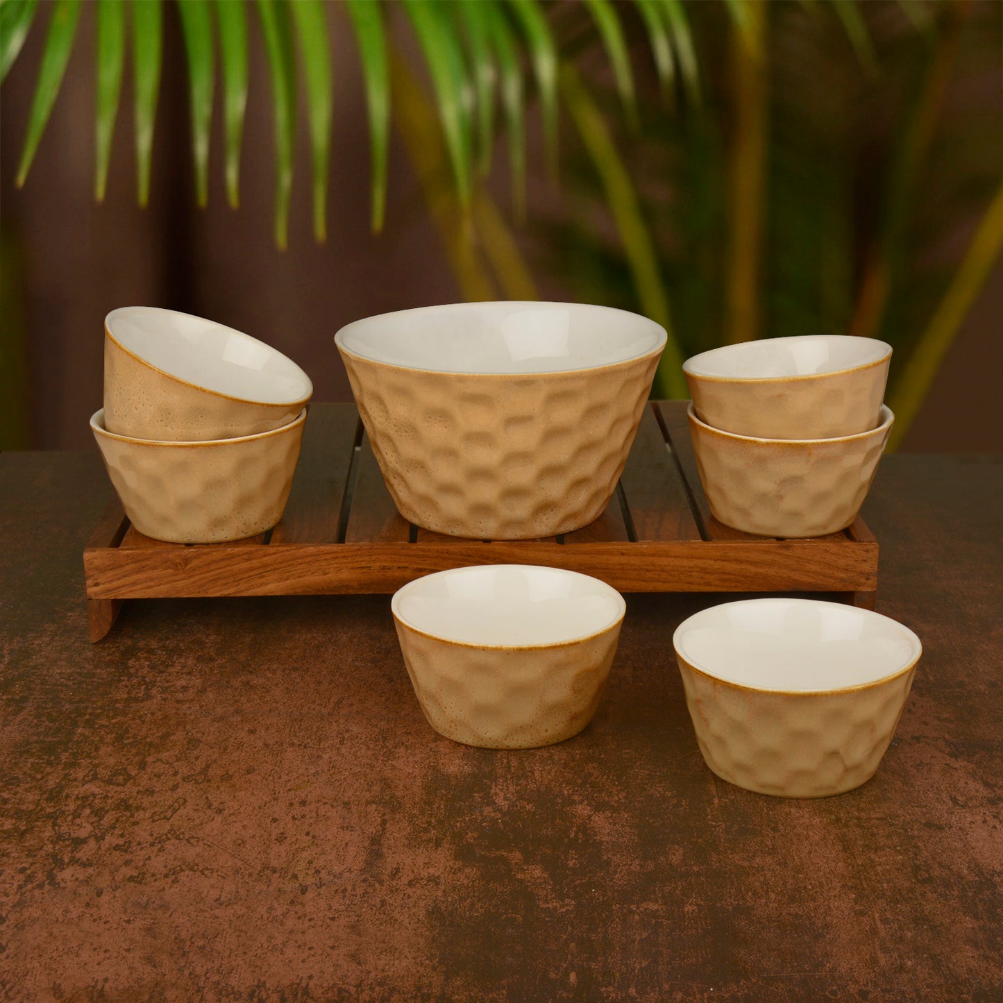 Handcrafted Ceramic Pudding Serving Set (Set of 7, Beige, 700 ml and 150 ml each )