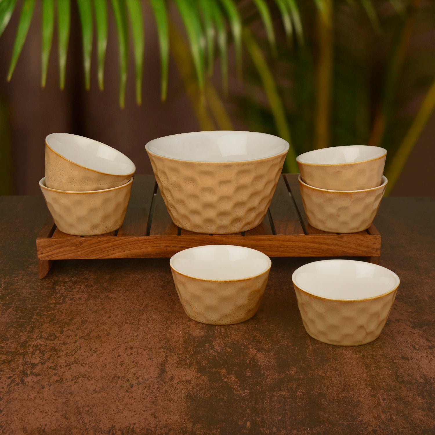 Handcrafted Ceramic Pudding Serving Set (Set of 7, Beige, 700 ml and 150 ml each )