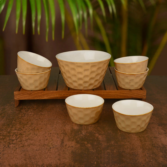 Handcrafted Ceramic Pudding Serving Set (Set of 7, Beige, 700 ml and 150 ml each )