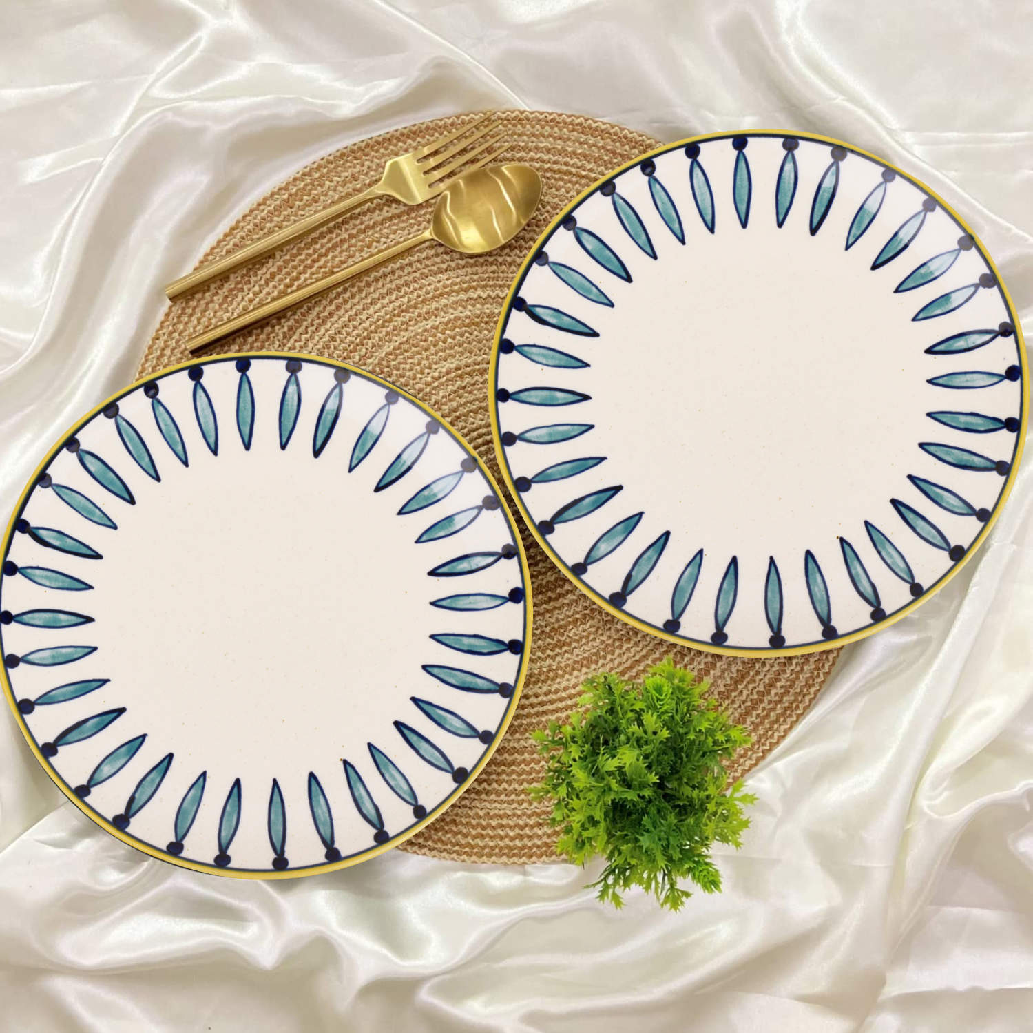" Kyoto Collection " Handpainted Ceramic Dinner Serving Plates (Set of 2, White and Blue, 10 inches)