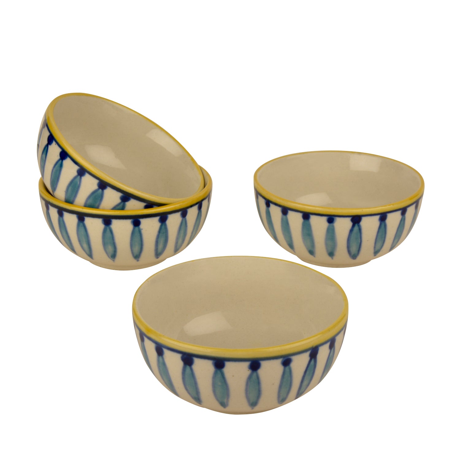 "Kyoto Collection" Handpainted Ceramic Dinner Serving Bowls (Set of 4, White and Blue, 200 ml each) - View 3