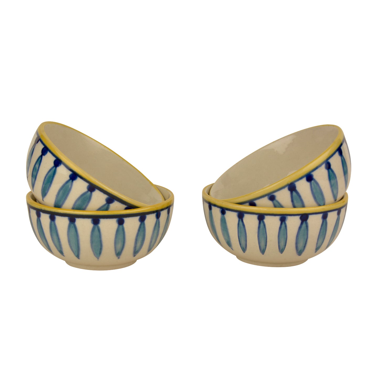 "Kyoto Collection" Handpainted Ceramic Dinner Serving Bowls (Set of 4, White and Blue, 200 ml each) - View 4