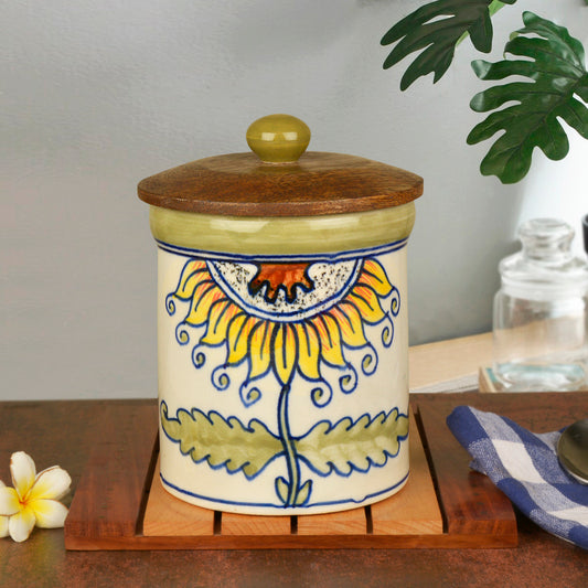 Handpainted Multi Utility Storage Airtight Ceramic Jar with Wooden Lid (1000 ml, White and Multicolor)