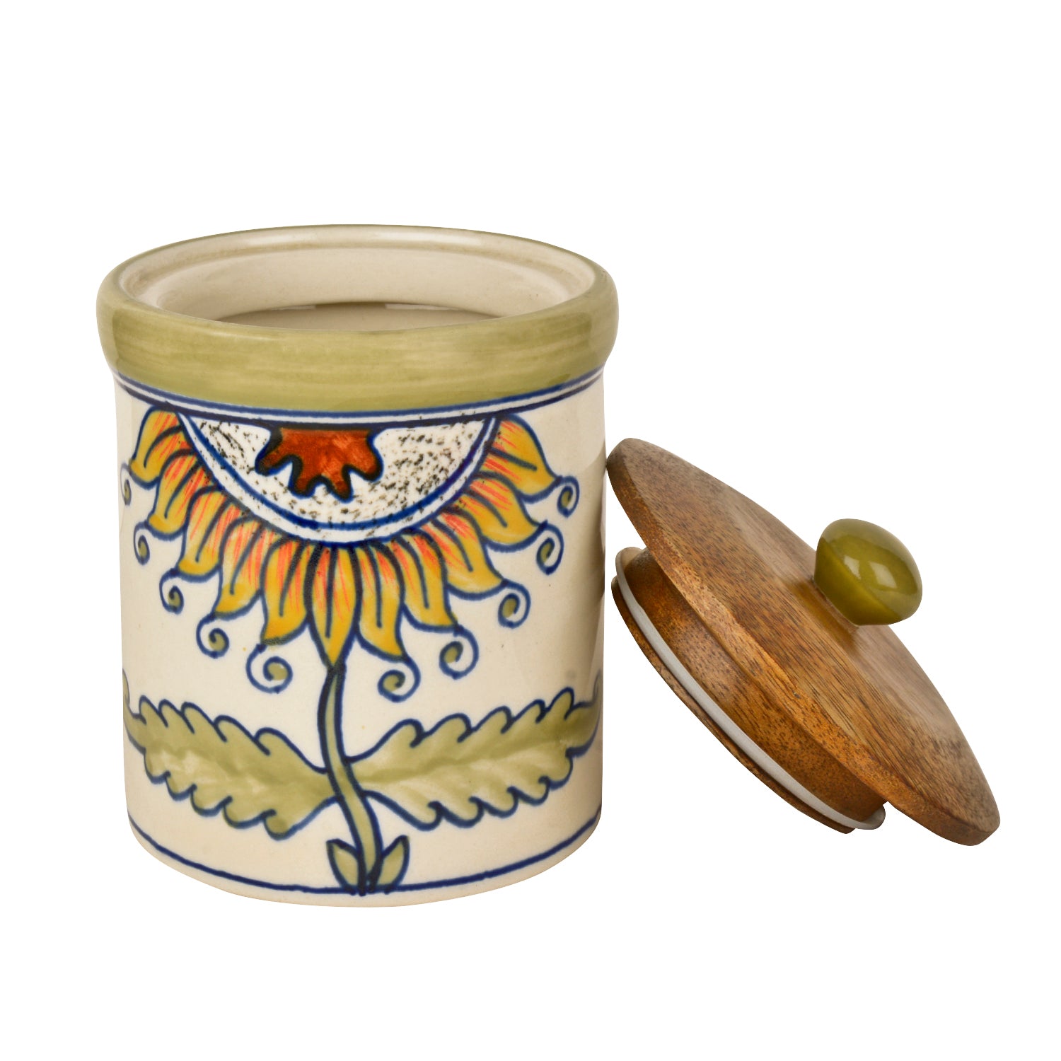 Handpainted Multi Utility Storage Airtight Ceramic Jar with Wooden Lid (1000 ml, White and Multicolor) - View 4