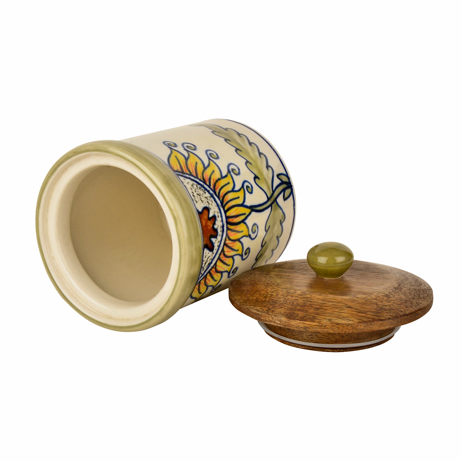 Handpainted Multi Utility Storage Airtight Ceramic Jar with Wooden Lid (1000 ml, White and Multicolor) - View 6