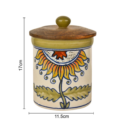 Handpainted Multi Utility Storage Airtight Ceramic Jar with Wooden Lid (1000 ml, White and Multicolor) - View 2