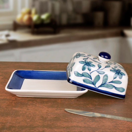 Hand Painted Ceramic Butter Dish with Lid (Blue and White, Height - 8 cm)