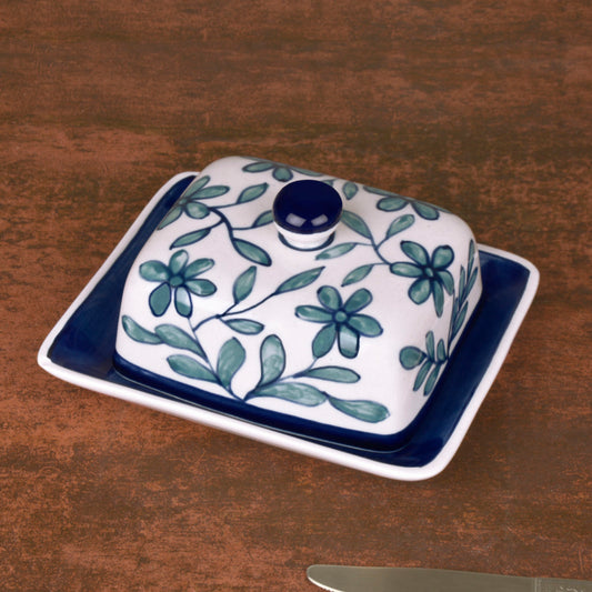 Hand Painted Ceramic Butter Dish with Lid (Blue and White, Height - 8 cm) - View 2