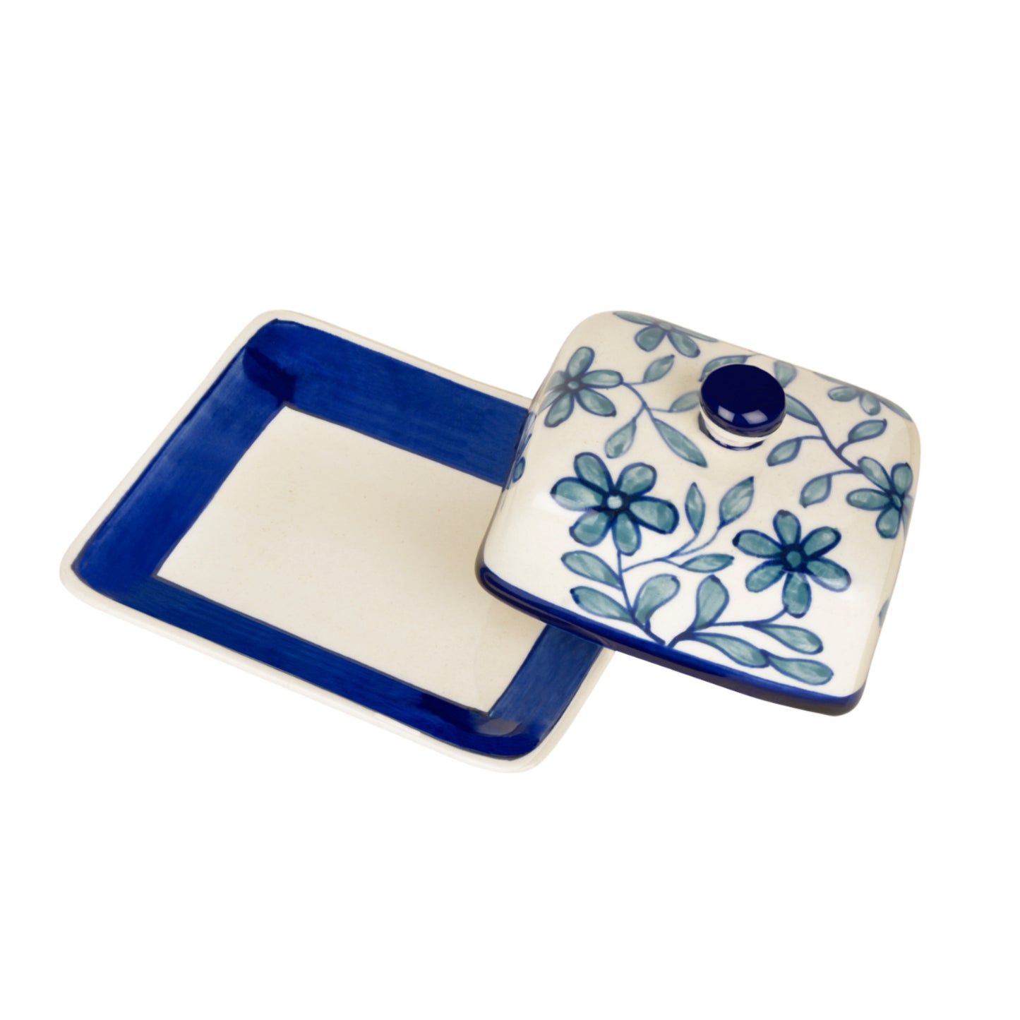 Hand Painted Ceramic Butter Dish with Lid (Blue and White, Height - 8 cm) - View 5