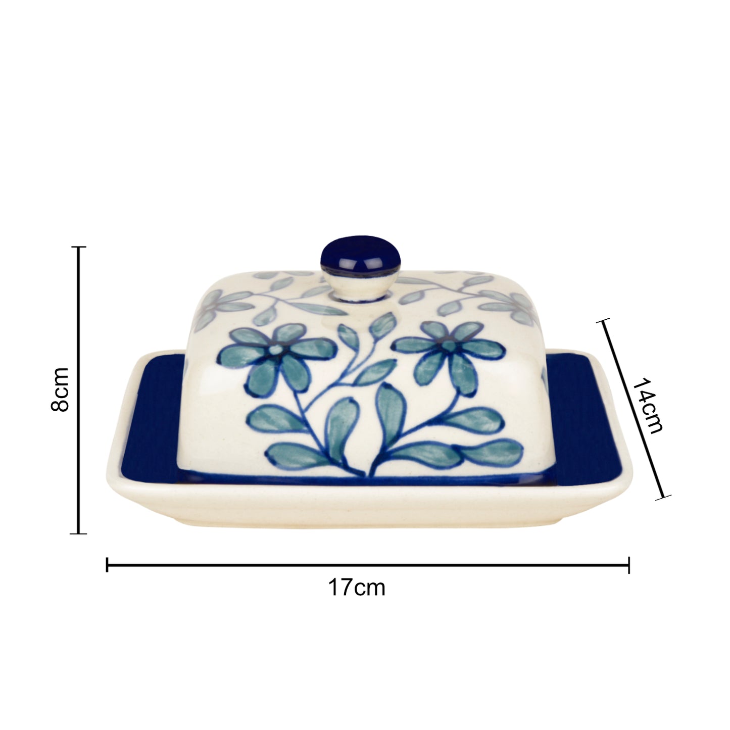 Hand Painted Ceramic Butter Dish with Lid (Blue and White, Height - 8 cm) - View 3